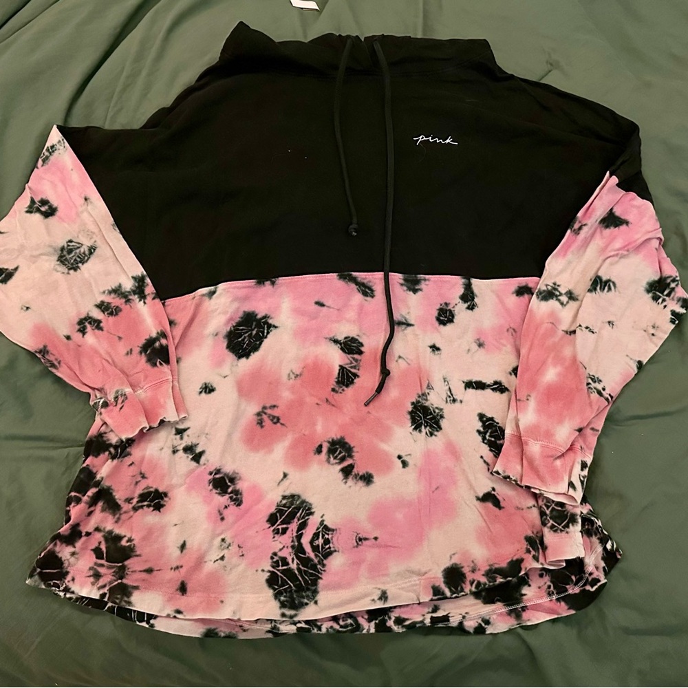 PINK Victoria's Secret Black and Pink Tie-Dye Sweatshirt